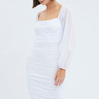 White Midi Dress Long Sleeve Square Neck Ruched Bodycon