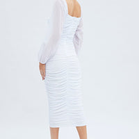 White Midi Dress Long Sleeve Square Neck Ruched Bodycon