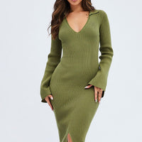 Green Midi Dress Long Sleeve V-Neck Collared Knit
