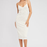 White Midi Dress Sleeveless V-Neck Bodycon Lace Stretch