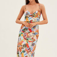 Orange Abstract Slip Dress Satin Midi Postcard Holiday Print