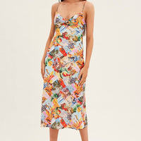 Orange Abstract Slip Dress Satin Midi Postcard Holiday Print
