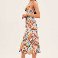 Orange Abstract Slip Dress Satin Midi Postcard Holiday Print