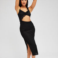 Black Midi Dress Asymmetric Ruffle Cut Out