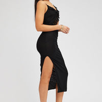 Black Midi Dress Asymmetric Ruffle Cut Out