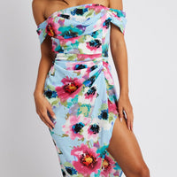 Blue Floral Midi Dress Bardot Sleeve Draped Blue Floral