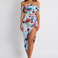 Blue Floral Midi Dress Bardot Sleeve Draped Blue Floral
