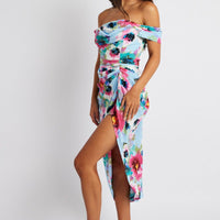 Blue Floral Midi Dress Bardot Sleeve Draped Blue Floral