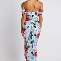 Blue Floral Midi Dress Bardot Sleeve Draped Blue Floral