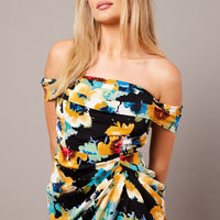 Black Floral Bardot Midi Dress Draped Off Shoulder Dress