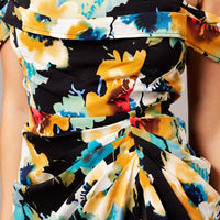 Black Floral Bardot Midi Dress Draped Off Shoulder Dress