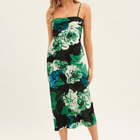 Green Floral Slip Dress Midi Strappy Back Floral Satin