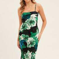 Green Floral Slip Dress Midi Strappy Back Floral Satin