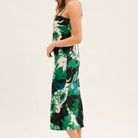 Green Floral Slip Dress Midi Strappy Back Floral Satin