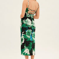 Green Floral Slip Dress Midi Strappy Back Floral Satin
