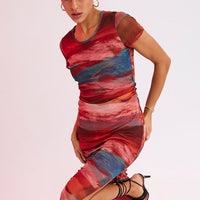 Brown Abstract Midi Dress Short Sleeve Bodycon Mesh