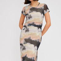 Brown Abstract Midi Dress Short Sleeve Bodycon Mesh
