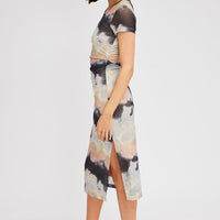 Brown Abstract Midi Dress Short Sleeve Bodycon Mesh