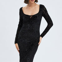 Black Midi Dress Long Sleeve Bodycon Mesh