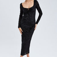 Black Midi Dress Long Sleeve Bodycon Mesh