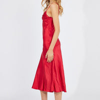 Red Satin Dress Cocktail Split Side Strappy