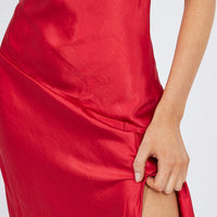Red Satin Dress Cocktail Split Side Strappy