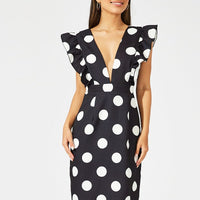 Black Polka Dot Midi Dress Plunge Ruffle Shoulder Oversized Polka