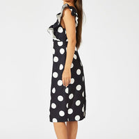Black Polka Dot Midi Dress Plunge Ruffle Shoulder Oversized Polka