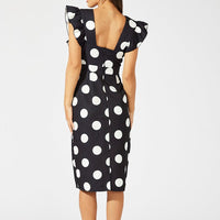 Black Polka Dot Midi Dress Plunge Ruffle Shoulder Oversized Polka