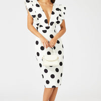 Black Polka Dot Midi Dress Plunge Ruffle Shoulder Oversized Polka