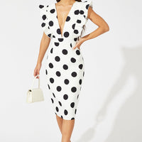 Black Polka Dot Midi Dress Plunge Ruffle Shoulder Oversized Polka