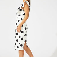 Black Polka Dot Midi Dress Plunge Ruffle Shoulder Oversized Polka