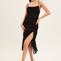 Black Midi Dress Cowl Neck Burnout