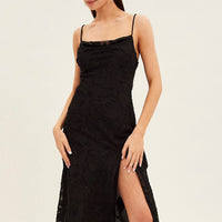 Black Midi Dress Cowl Neck Burnout