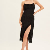 Black Midi Dress Cowl Neck Burnout