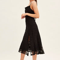 Black Midi Dress Cowl Neck Burnout