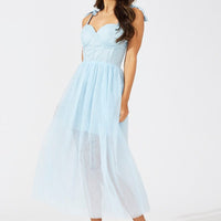 Blue Midi Dress Tulle Corset Detail Occasion Dress