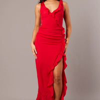 Red Ruffle Dress Wrap Midi Chiffon