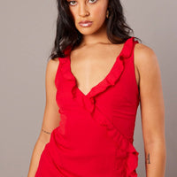 Red Ruffle Dress Wrap Midi Chiffon