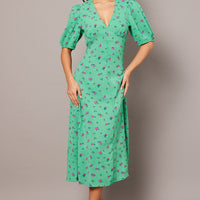 Green Floral Midi Dress Puff Sleeve Tea Dress
