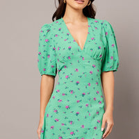 Green Floral Midi Dress Puff Sleeve Tea Dress