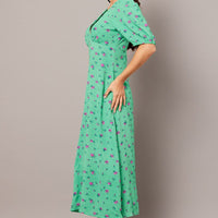 Green Floral Midi Dress Puff Sleeve Tea Dress