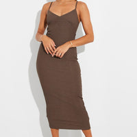 Brown Midi Dress Sleeveless Textured Fabric