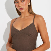 Brown Midi Dress Sleeveless Textured Fabric