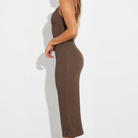 Brown Midi Dress Sleeveless Textured Fabric