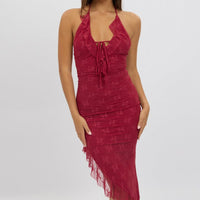 Red Bodycon Dress Ruffle Halter Neck