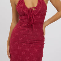 Red Bodycon Dress Ruffle Halter Neck