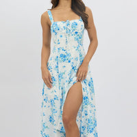 Blue Floral Midi Dress Gathered Bust