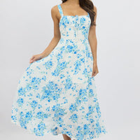 Blue Floral Midi Dress Gathered Bust