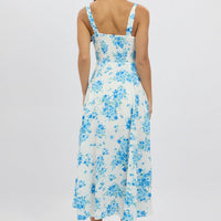 Blue Floral Midi Dress Gathered Bust